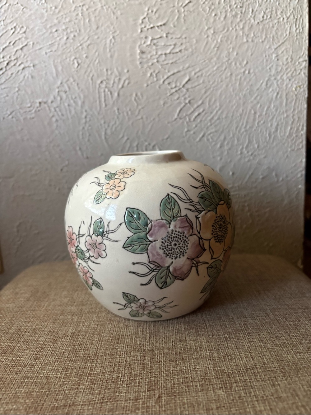 Hand-Painted Floral Ceramic Vase in Cream with Pastel Accents